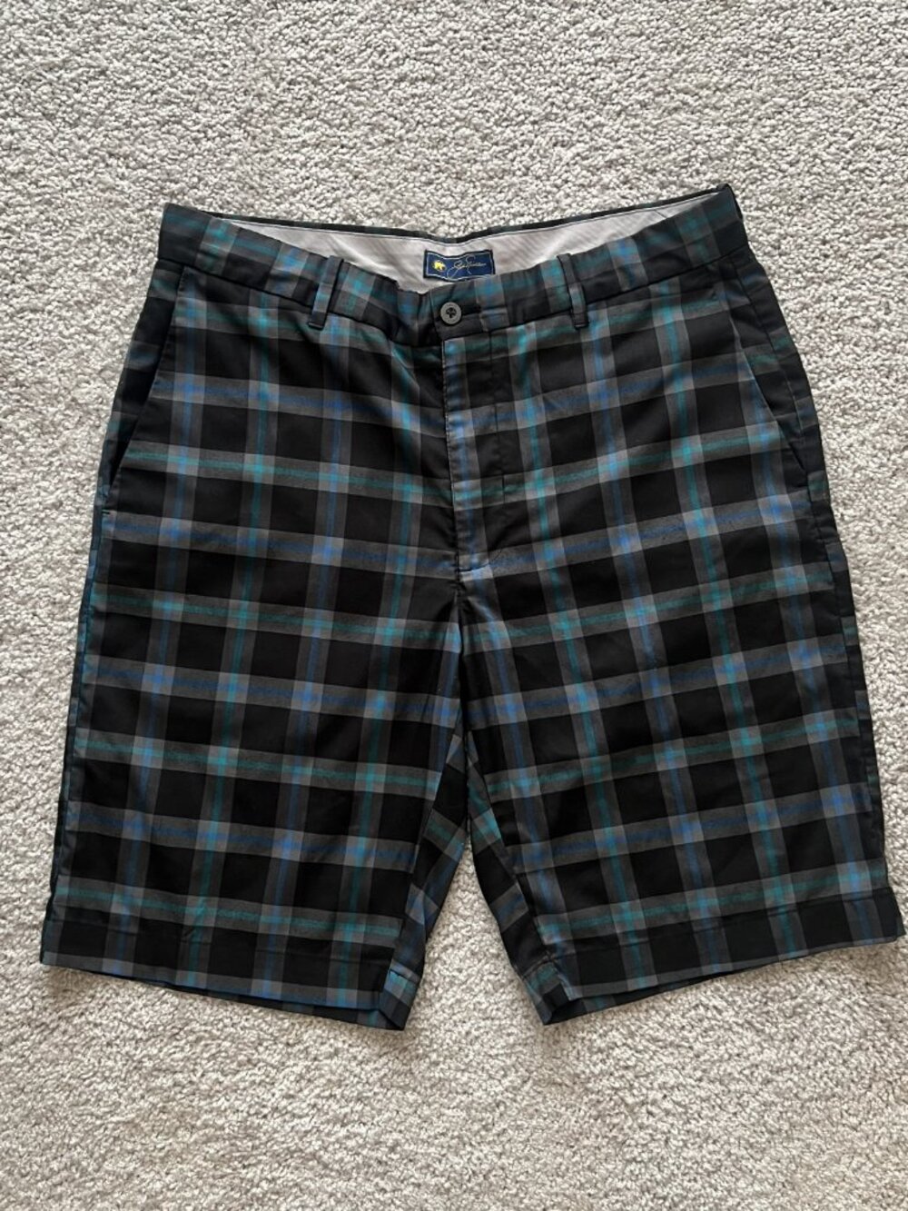 Jack Nicklaus Men's 34 Plaid Black Gray Blue Shorts Golf 2 Way Stretch Wicking